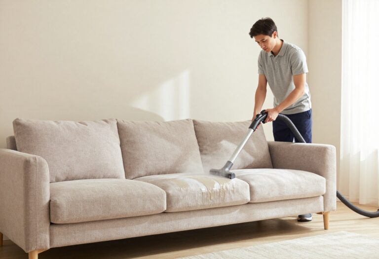 Professional sofa cleaning service in a bright living room