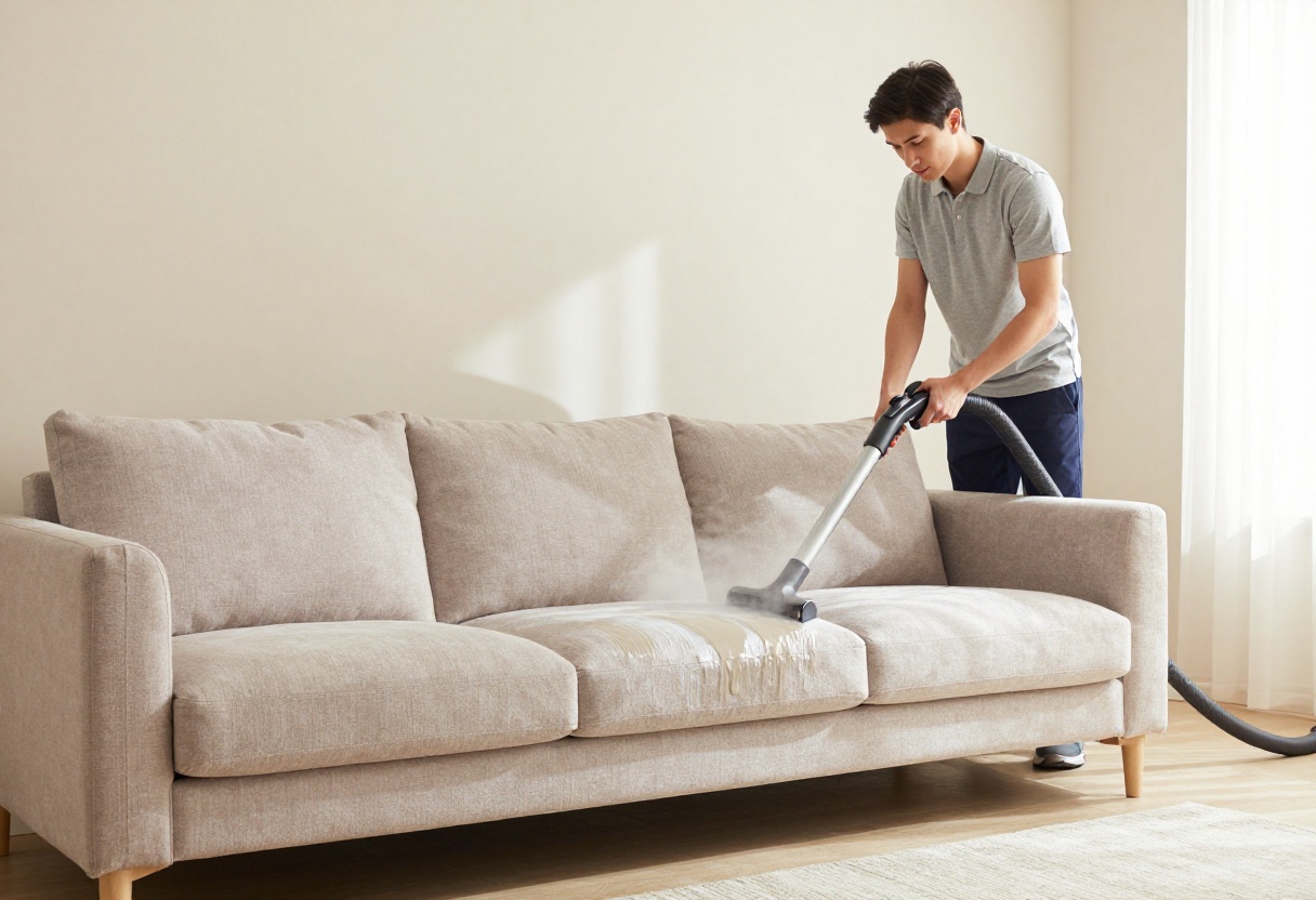 Professional sofa cleaning service in a bright living room
