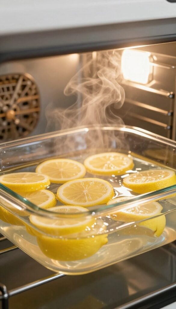 Oven interior with a dish of lemon slices steaming, natural light, clean and fresh.