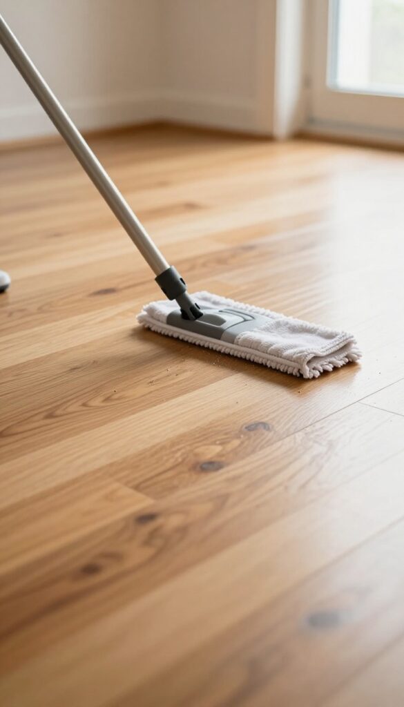 Dry microfiber mop gliding across a hardwood floor, capturing dust in bright natural light.