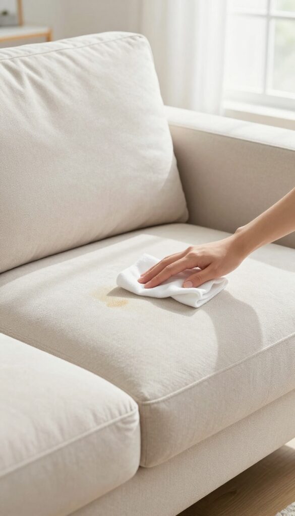 Person blotting a fresh spill on a clean sofa with a white cloth in a bright living room