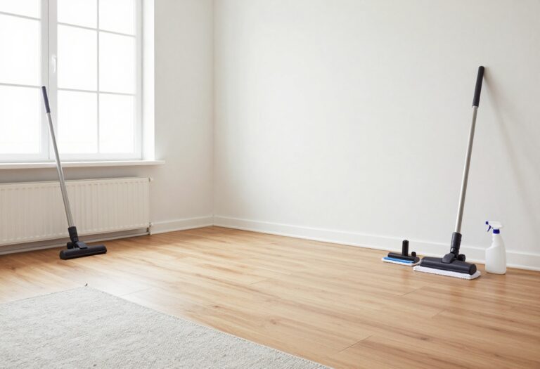 Cleaning tools arranged on a clean hardwood floor with a rug and tile area in the background