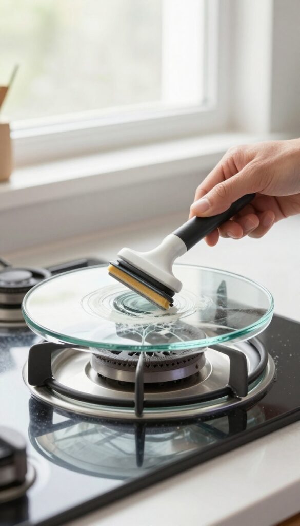 Close-up of a cracked glass stove top with a white stain, and a technician's hand holding a glass polisher tool, in bright natural light.