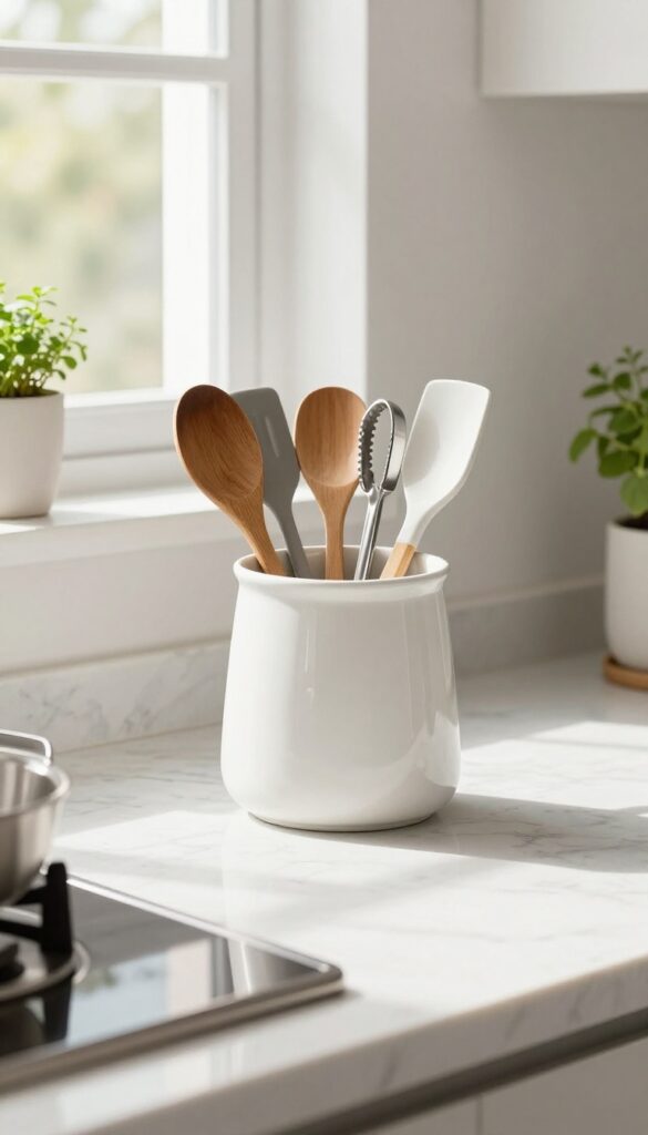 A ceramic utensil crock filled with wooden spoons, spatula, and tongs on a clean kitchen counter near the stove.