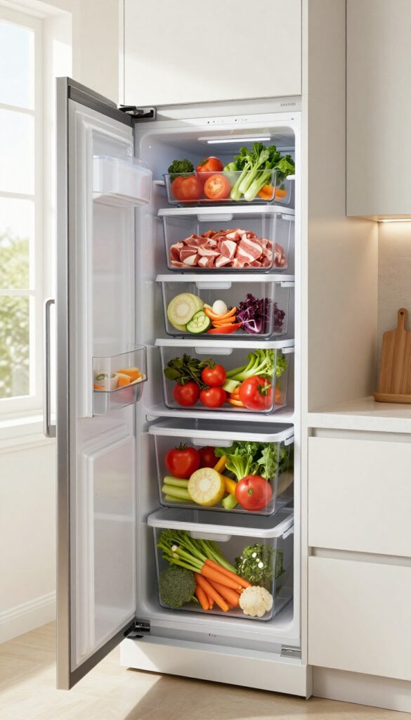 Samsung Bespoke fridge FlexZone drawer organized with clear bins for meal prep ingredients