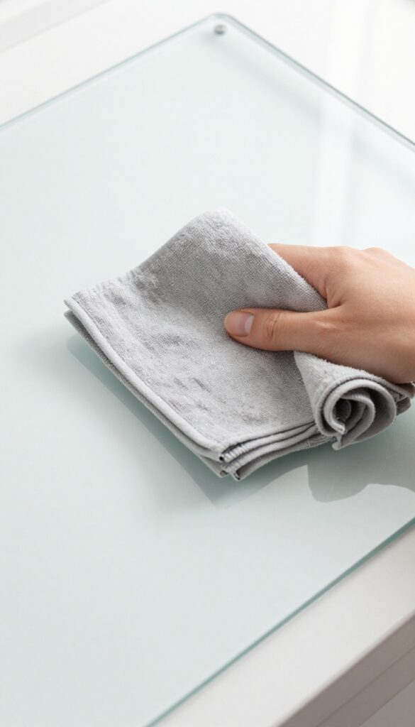 Hand buffing oven glass door with microfiber cloth for streak-free shine