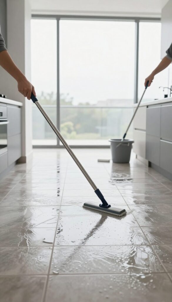 Person using a squeegee on a wet tile floor after mopping