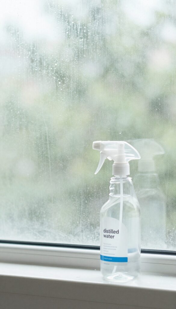 Sparkling clean window after rinsing with distilled water, showing streak-free glass and a spray bottle on the sill.