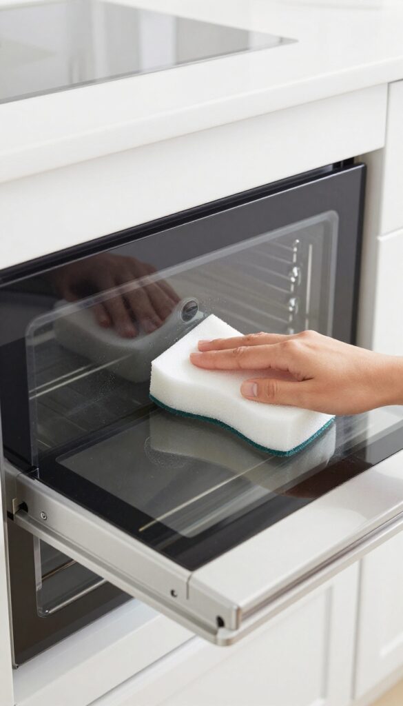Person using a magic eraser sponge to clean light marks on an oven door