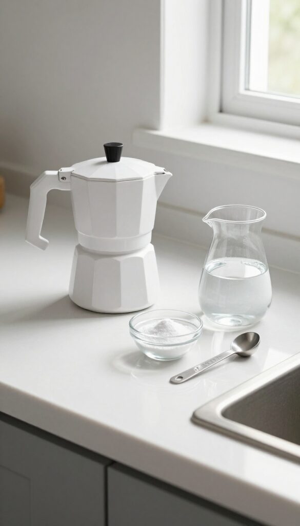 Coffee maker with citric acid powder and water for descaling