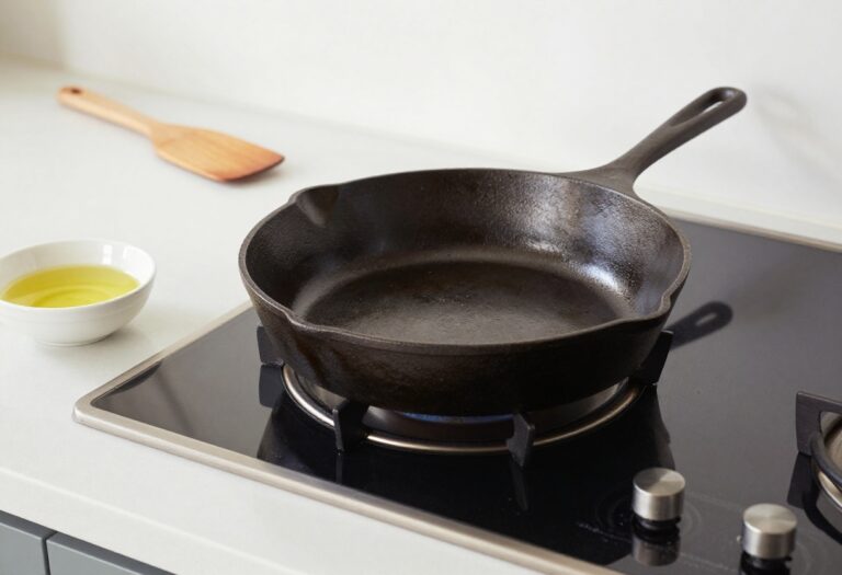 Clean seasoned cast iron skillet on stovetop with wooden spatula and oil