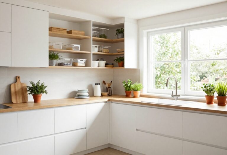 Small kitchen with organized white cabinets showing clear bins, shelf risers, and a lazy Susan