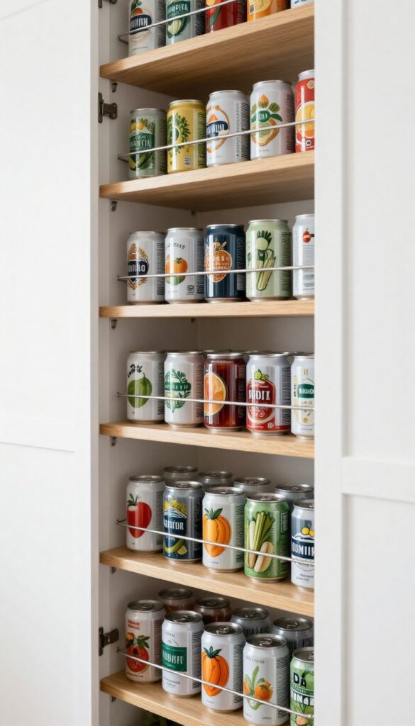 Stackable can racks in a tall pantry cabinet organizing soda and canned goods