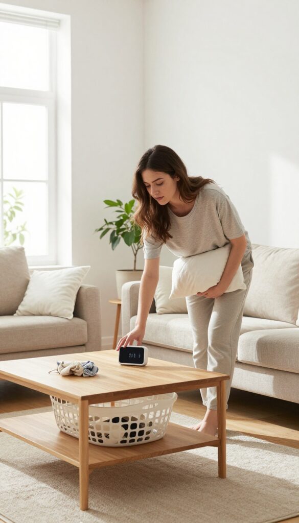 Woman doing a 15-minute evening tidy in a bright living room, setting a timer and fluffing pillows