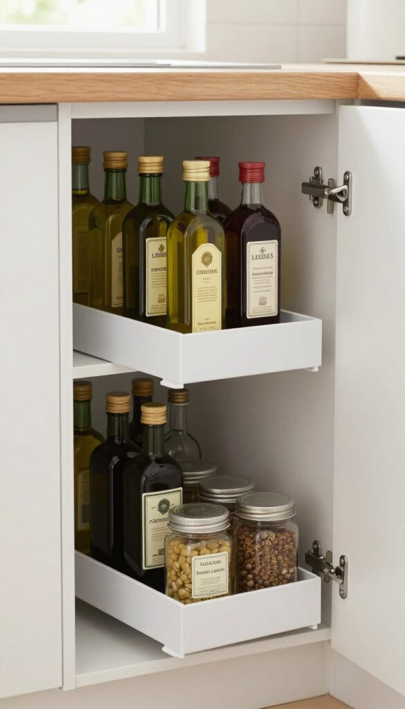 Pull-out spice rack under kitchen sink with oils and spices organized on two tiers.