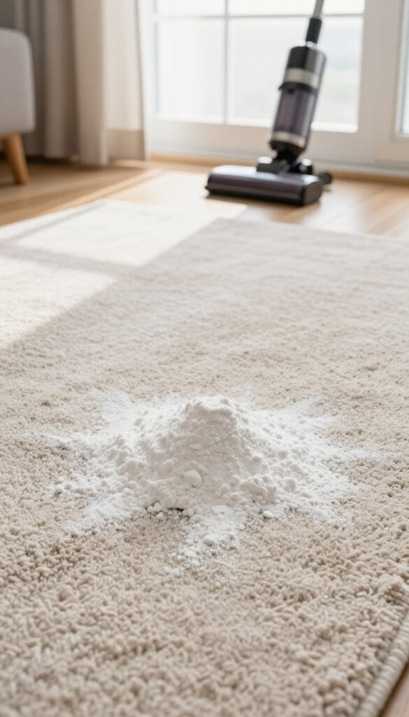 Baking soda sprinkled on carpet for odor removal, with vacuum cleaner nearby in bright natural light
