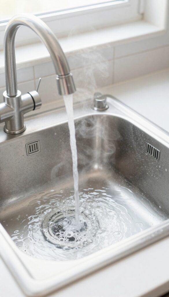 Stove grates soaking in hot soapy water in a kitchen sink
