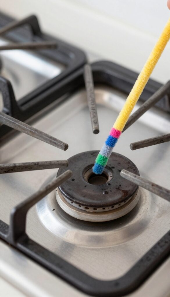 Cleaning a gas stove burner with a pipe cleaner to remove stubborn clogs