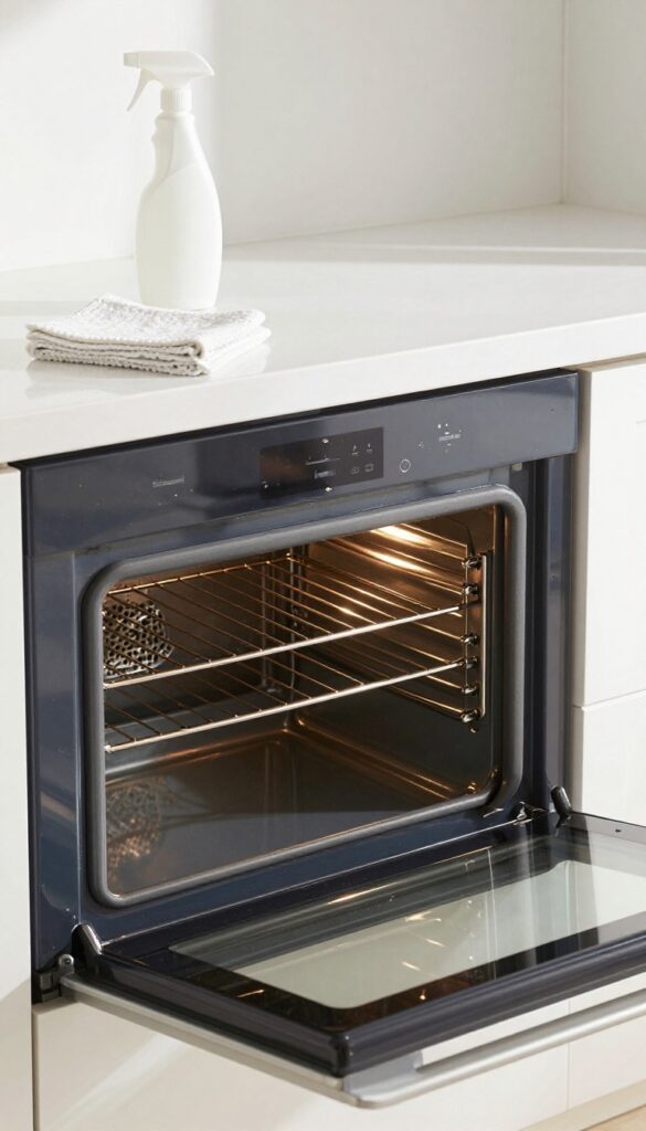 Clean oven interior with white vinegar spray bottle and microfiber cloth