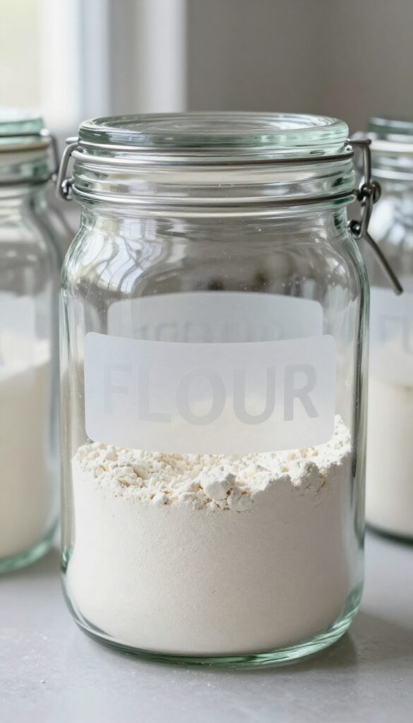 Glass canister with etched permanent label reading FLOUR in a bright, organized kitchen pantry