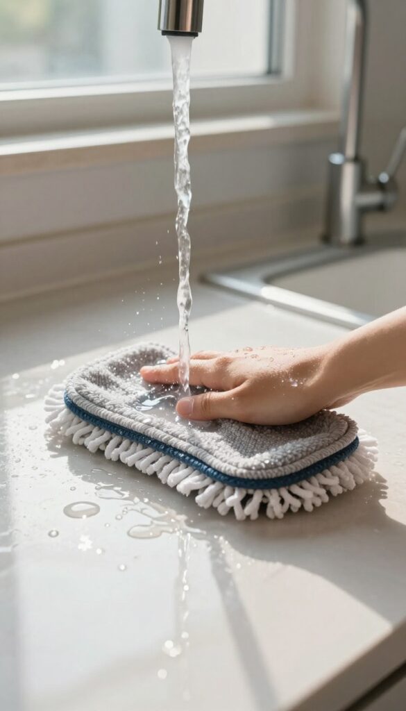 Person cleaning a microfiber mop head under running water in a bright kitchen