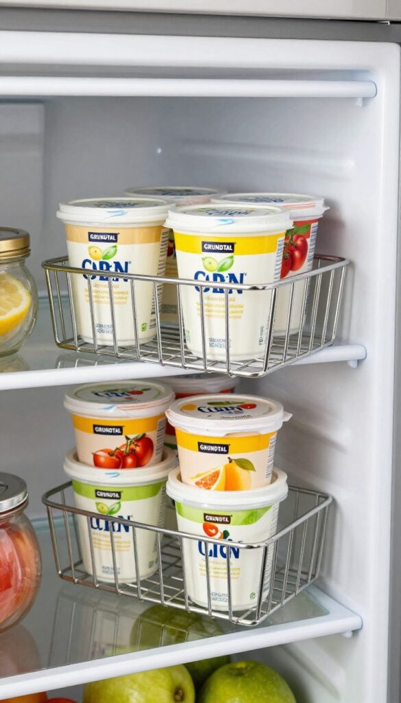 Yogurt cups stacked in a GRUNDTAL wire basket on a fridge shelf