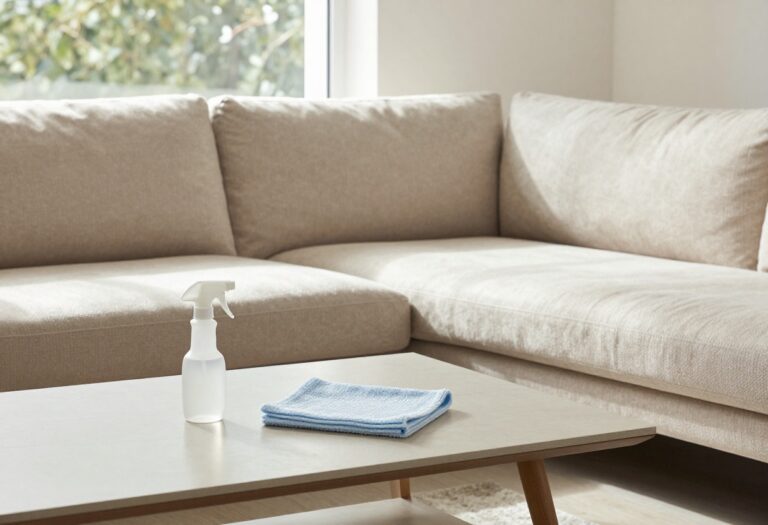 Clean beige sofa in a bright living room with cleaning supplies on the coffee table