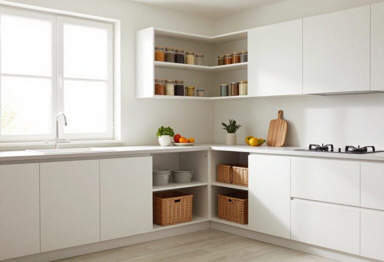 Small corner pantry with open shelving and baskets in a bright kitchen