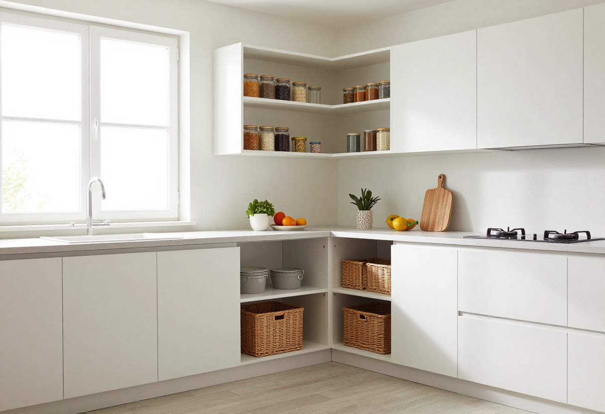 Small corner pantry with open shelving and baskets in a bright kitchen