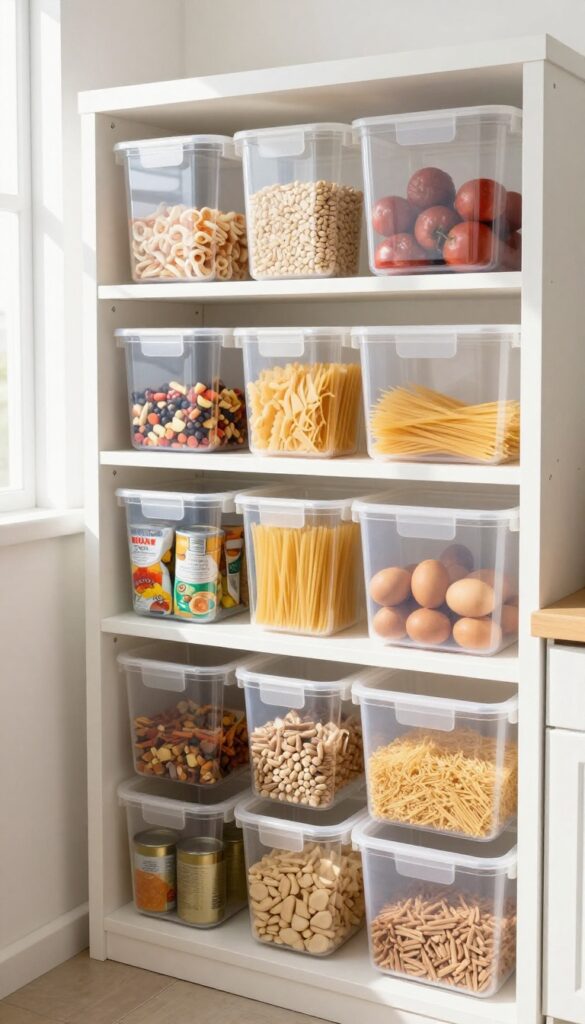Organized pantry with clear bins for food storage