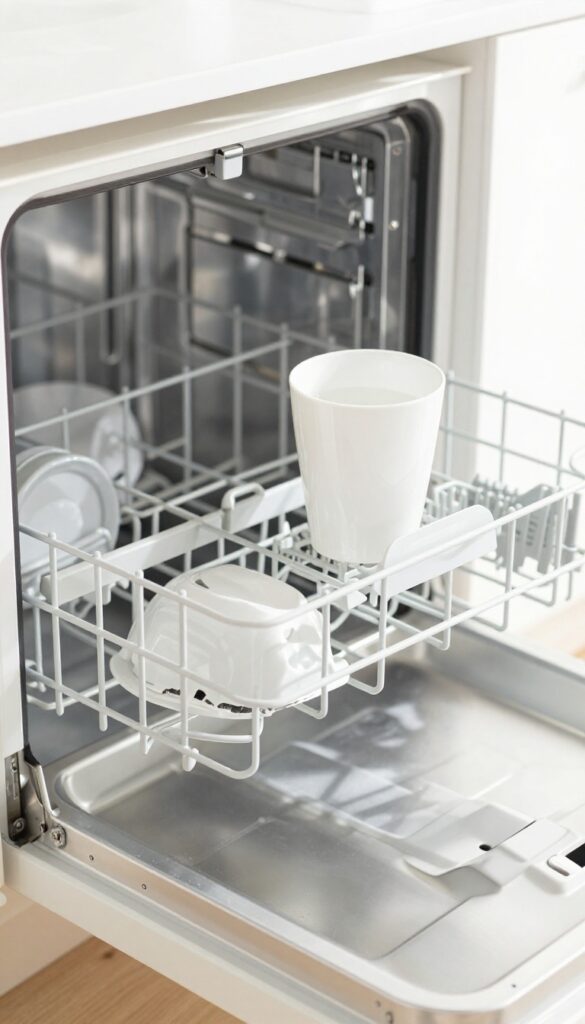 Open dishwasher with a cup of vinegar on the top rack, bright natural light, clean interior