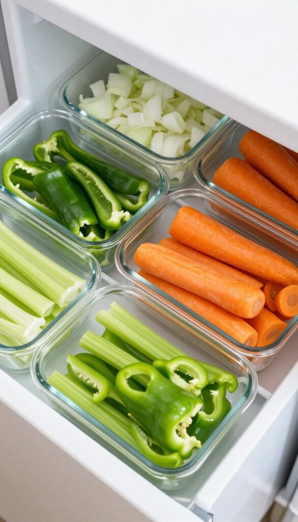 Organized fridge drawer with glass containers of prepped vegetables for meal prep
