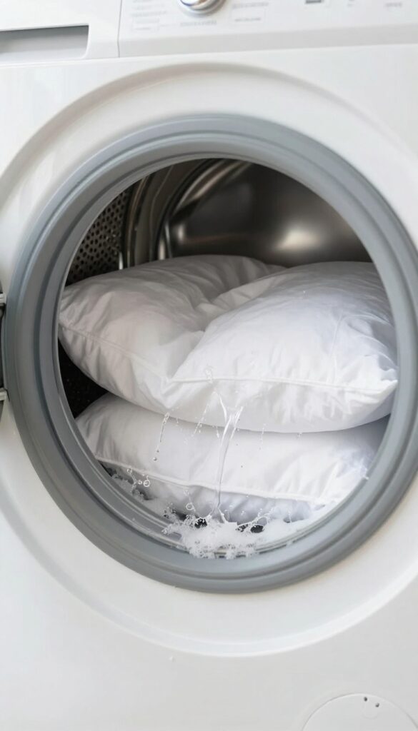 White fluffy pillows in a washing machine during an extra rinse cycle, with water and suds visible, bright natural light.