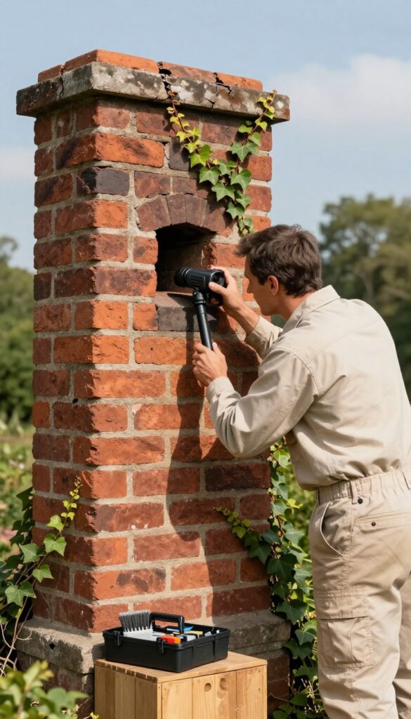 Professional chimney sweep inspecting a damaged brick chimney with a video camera, bright daylight, clean composition.