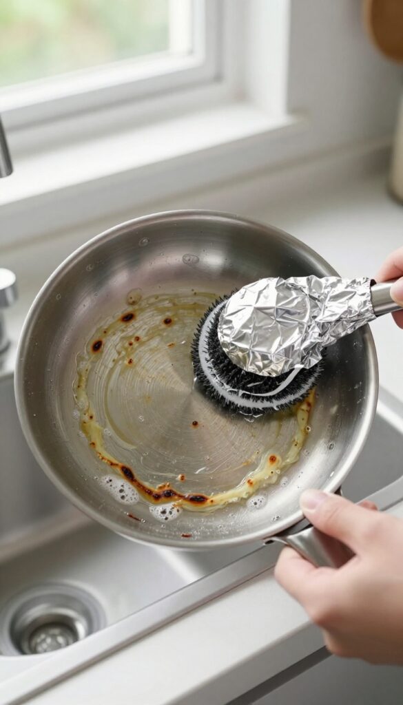 Hand scrubbing burnt stainless steel pan with crumpled aluminum foil ball