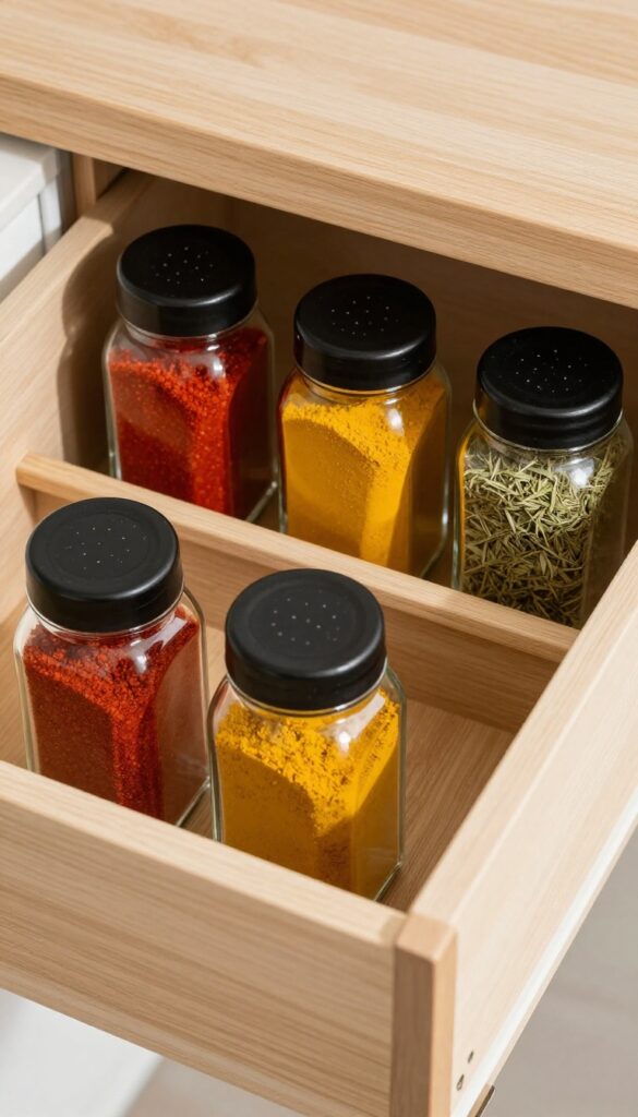 Organized spice drawer with clear glass jars and colorful spices in a bright kitchen