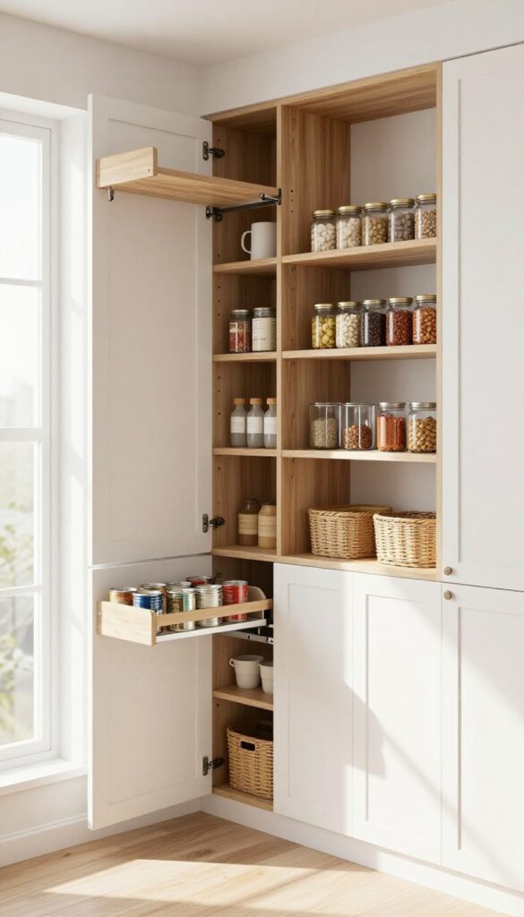 Pull-out shelves in a corner pantry making items accessible