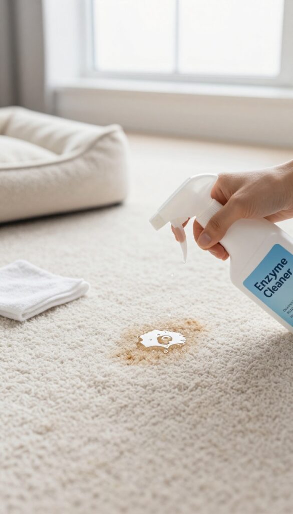 Close-up of a carpet with a pet urine stain being treated with enzyme cleaner, spray bottle and cloth nearby, bright natural light.