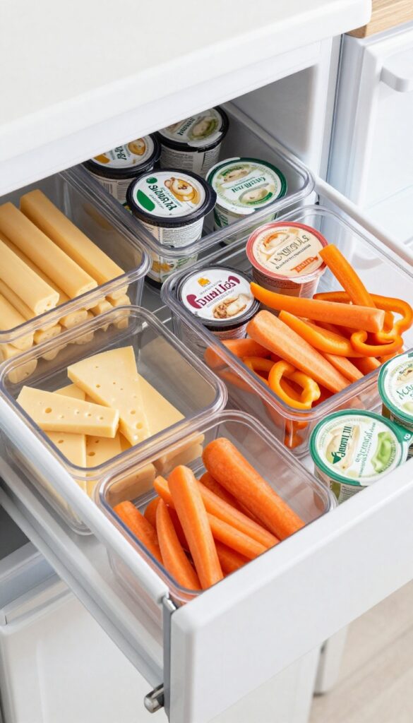 Organized snack drawer in refrigerator with clear bins containing cheese sticks, yogurt cups, carrot sticks, bell pepper strips, and hummus cups.
