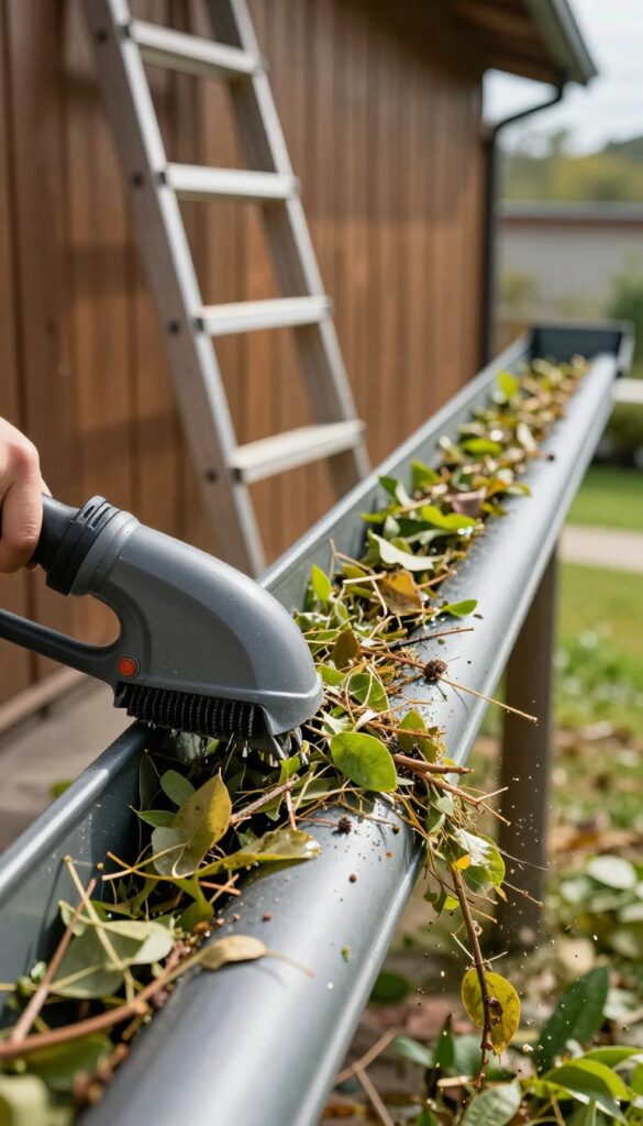 Leaf blower with gutter attachment clearing dry leaves from a rain gutter