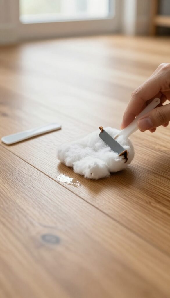 Applying rubbing alcohol to a sticky spot on a hardwood floor with a cotton ball