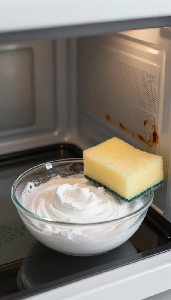 Baking soda paste applied to burnt-on food inside a microwave, with a sponge nearby, in bright natural light.