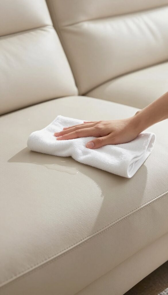 Blotting a spill on a leather couch with a white cloth to prevent stains