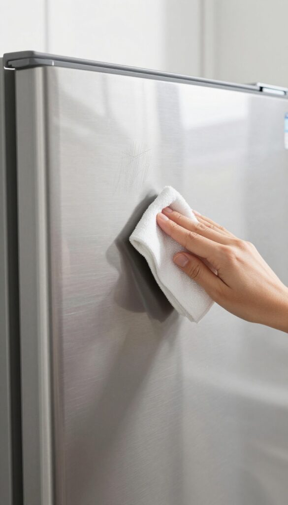 Person applying toothpaste to a scratch on a stainless steel fridge using a microfiber cloth