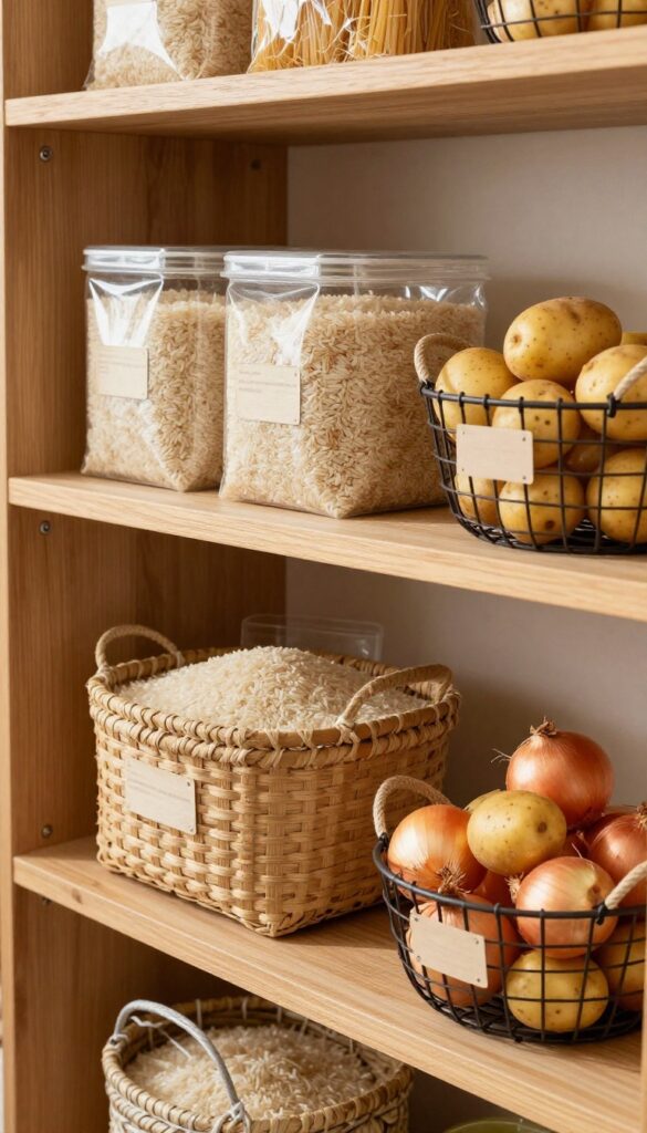Woven and wire baskets holding bulk food items on a pantry shelf, neatly organized and labeled.