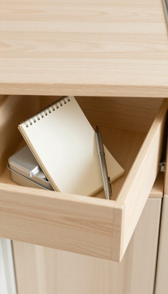Organized kitchen junk drawer with a small notepad and pen in a tray