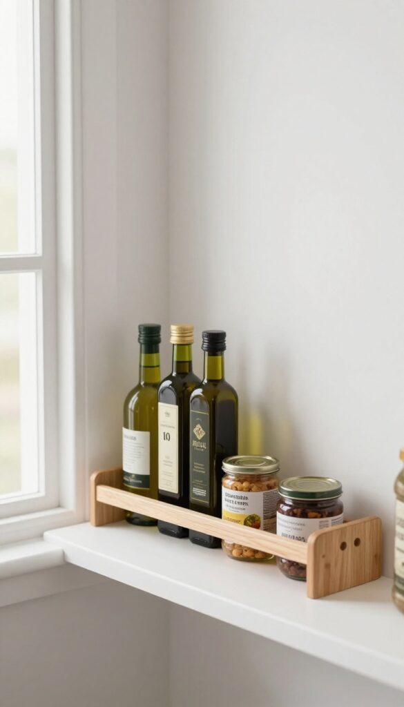 Small pantry corner shelf with a lazy Susan holding bottles and jars, bright natural light, clean and organized.