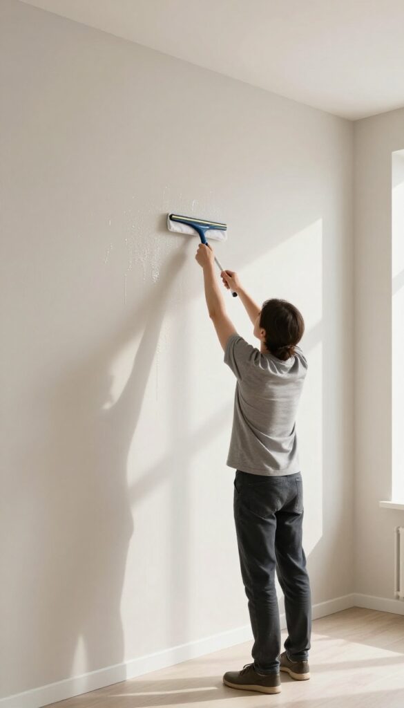 Person using a squeegee with microfiber cloth to clean a high wall without a ladder