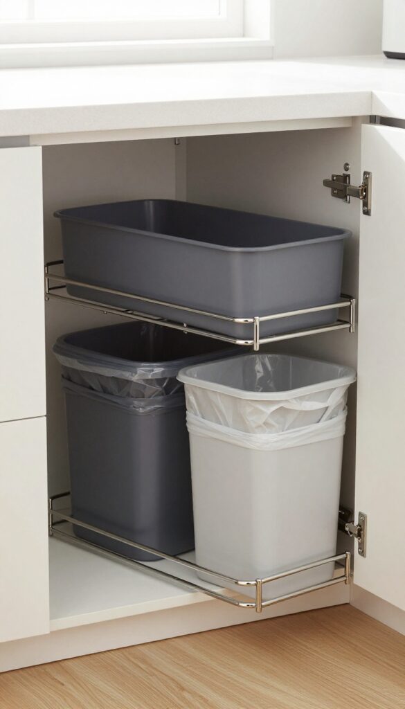 Pull-out trash and recycling bins under a kitchen sink, mounted on a sliding frame for easy access.