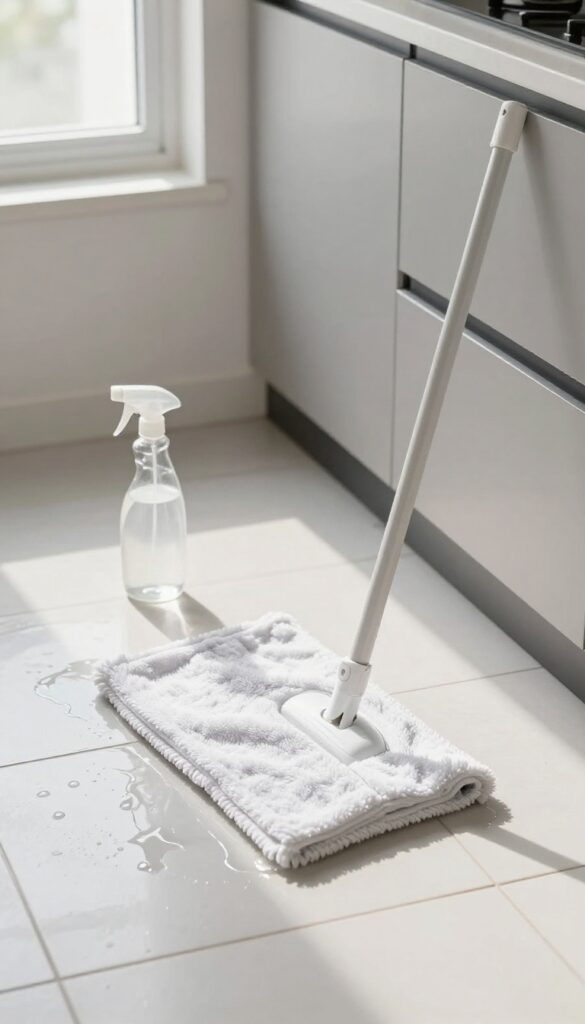 Kitchen floor with tile, mop, and vinegar solution bottle